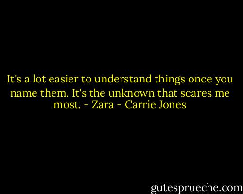 It's a lot easier to understand things once you name them. It's the unknown that scares me most. - Zara - Carrie Jones