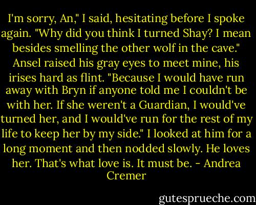 I'm sorry, An," I said, hesitating before I spoke again. "Why did you think I turned Shay? I mean besides smelling the other wolf in the cave."<br />Ansel raised his gray eyes to meet mine, his irises hard as flint. "Because I would have run away with Bryn if anyone told me I couldn't be with her. If she weren't a Guardian, I would've turned her, and I would've run for the rest of my life to keep her by my side."<br />I looked at him for a long moment and then nodded slowly. He loves her. That's what love is. It must be. - Andrea Cremer