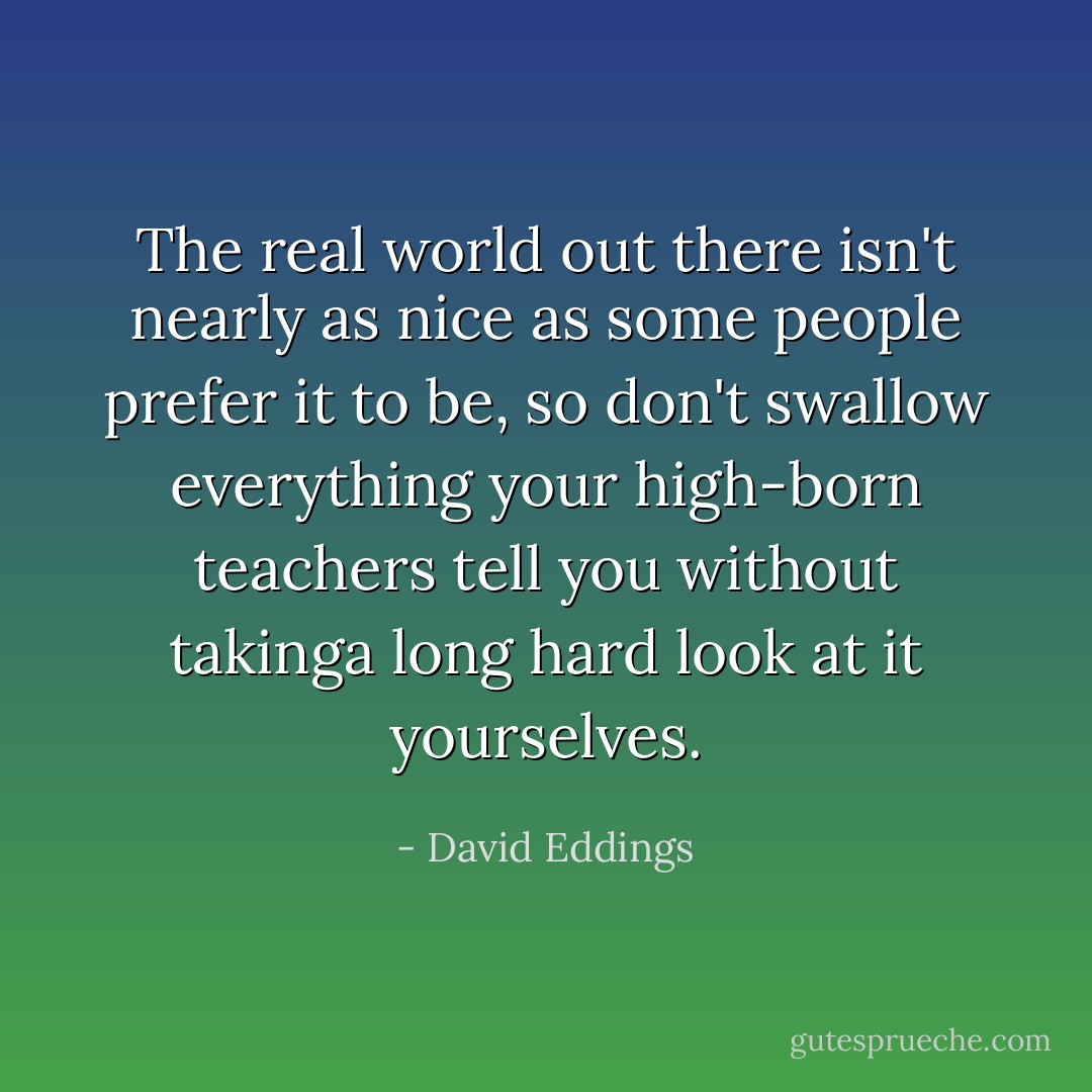 The real world out there isn't nearly as nice as some people prefer it to be, so don't swallow everything your high-born teachers tell you without takinga long hard look at it yourselves. - David Eddings