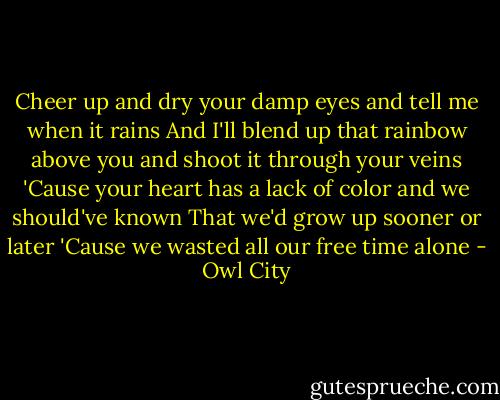 Cheer up and dry your damp eyes and tell me when it rains<br />And I'll blend up that rainbow above you and shoot it through your veins<br />'Cause your heart has a lack of color and we should've known<br />That we'd grow up sooner or later 'Cause we wasted all our free time alone - Owl City