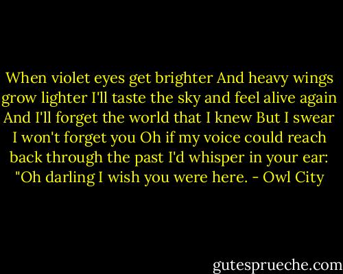 When violet eyes get brighter<br />And heavy wings grow lighter<br />I'll taste the sky and feel alive again<br />And I'll forget the world that I knew<br />But I swear I won't forget you<br />Oh if my voice could reach back through the past<br />I'd whisper in your ear:<br />"Oh darling I wish you were here. - Owl City