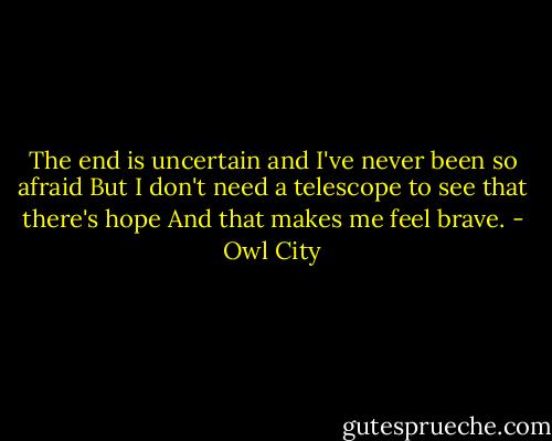 The end is uncertain and I've never been so afraid<br />But I don't need a telescope to see that there's hope<br />And that makes me feel brave. - Owl City