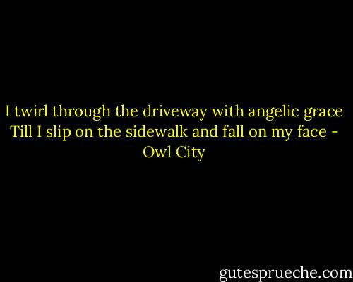 I twirl through the driveway with angelic grace<br />Till I slip on the sidewalk and fall on my face - Owl City