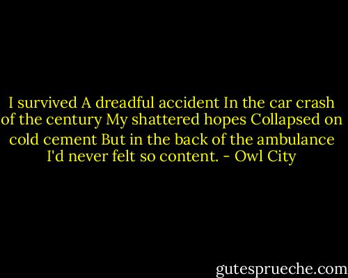 I survived<br />A dreadful accident<br />In the car crash of the century<br />My shattered hopes<br />Collapsed on cold cement<br />But in the back of the ambulance<br />I'd never felt so content. - Owl City