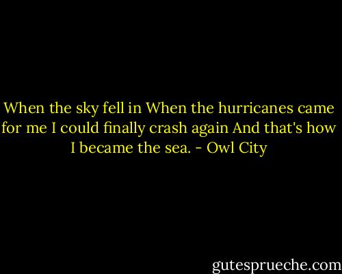 When the sky fell in<br />When the hurricanes came for me<br />I could finally crash again<br />And that's how I became the sea. - Owl City