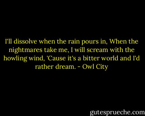 I'll dissolve when the rain pours in,<br />When the nightmares take me,<br />I will scream with the howling wind,<br />'Cause it's a bitter world and I'd rather dream. - Owl City