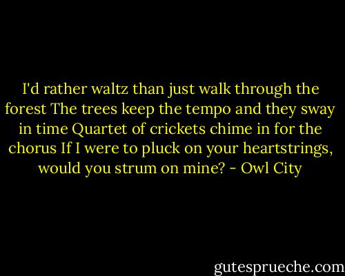 I'd rather waltz than just walk through the forest<br />The trees keep the tempo and they sway in time<br />Quartet of crickets chime in for the chorus<br />If I were to pluck on your heartstrings, would you strum on mine? - Owl City