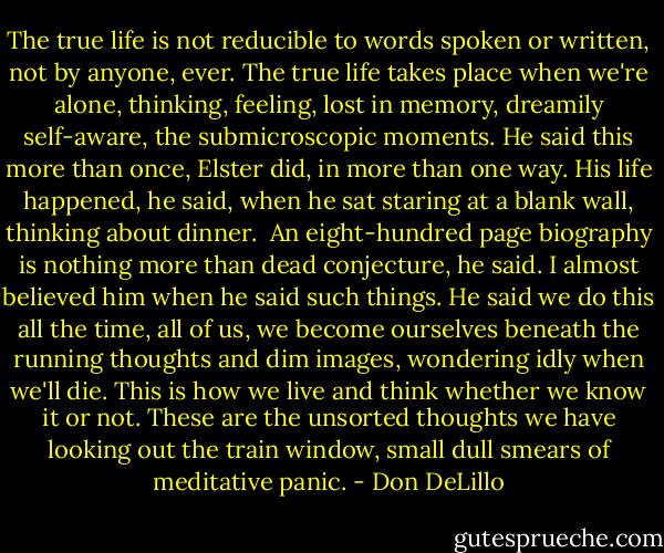 The true life is not reducible to words spoken or written, not by anyone, ever. The true life takes place when we're alone, thinking, feeling, lost in memory, dreamily self-aware, the submicroscopic moments. He said this more than once, Elster did, in more than one way. His life happened, he said, when he sat staring at a blank wall, thinking about dinner.<br /><br />An eight-hundred page biography is nothing more than dead conjecture, he said. I almost believed him when he said such things. He said we do this all the time, all of us, we become ourselves beneath the running thoughts and dim images, wondering idly when we'll die. This is how we live and think whether we know it or not. These are the unsorted thoughts we have looking out the train window, small dull smears of meditative panic. - Don DeLillo
