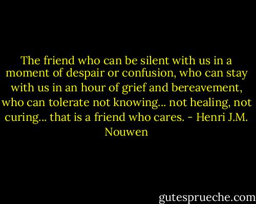 The friend who can be silent with us in a moment of despair or confusion, who can stay with us in an hour of grief and bereavement, who can tolerate not knowing... not healing, not curing... that is a friend who cares. - Henri J.M. Nouwen
