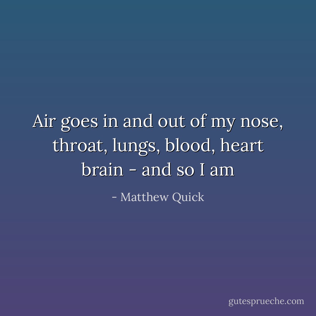 Air goes in and out<br />of my nose, throat, lungs, blood, heart<br />brain - and so I am - Matthew Quick