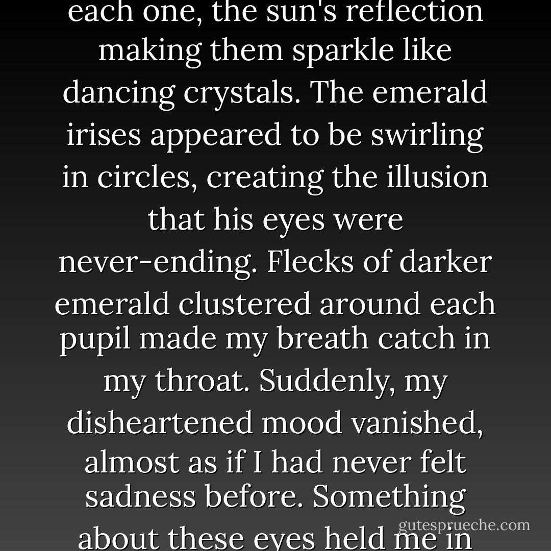 They were a deep emerald green, the exact same color as mine, and they glowed with an intensity I had never witnessed before. A slash of silver crossed each one, the sun's reflection making them sparkle like dancing crystals. The emerald irises appeared to be swirling in circles, creating the illusion that his eyes were never-ending. Flecks of darker emerald clustered around each pupil made my breath catch in my throat. Suddenly, my disheartened mood vanished, almost as if I had never felt sadness before. Something about these eyes held me in place, as if I had found a balance, blanketing me in a cocoon of comfort, free of worries and concerns. - Markelle Grabo