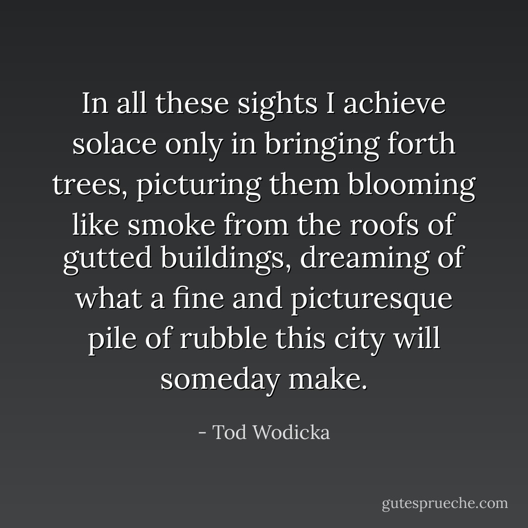 In all these sights I achieve solace only in bringing forth trees, picturing them blooming like smoke from the roofs of gutted buildings, dreaming of what a fine and picturesque pile of rubble this city will someday make. - Tod Wodicka