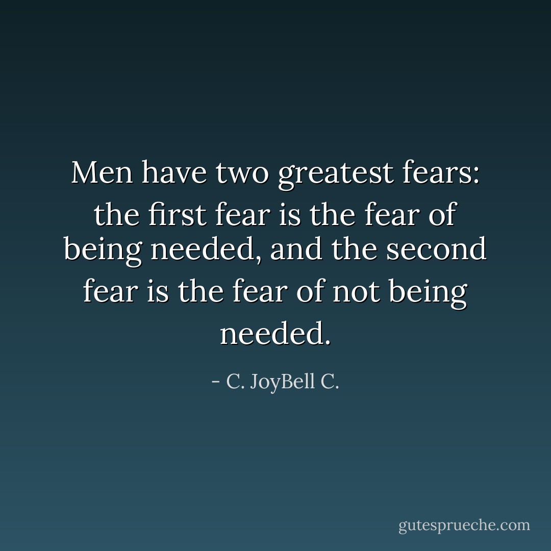 Men have two greatest fears: the first fear is the fear of being needed, and the second fear is the fear of not being needed. - C. JoyBell C.