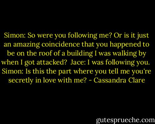 Simon: So were you following me? Or is it just an amazing coincidence that you happened to be on the roof of a building I was walking by when I got attacked?<br /><br />Jace: I was following you.<br /><br />Simon: Is this the part where you tell me you're secretly in love with me? - Cassandra Clare