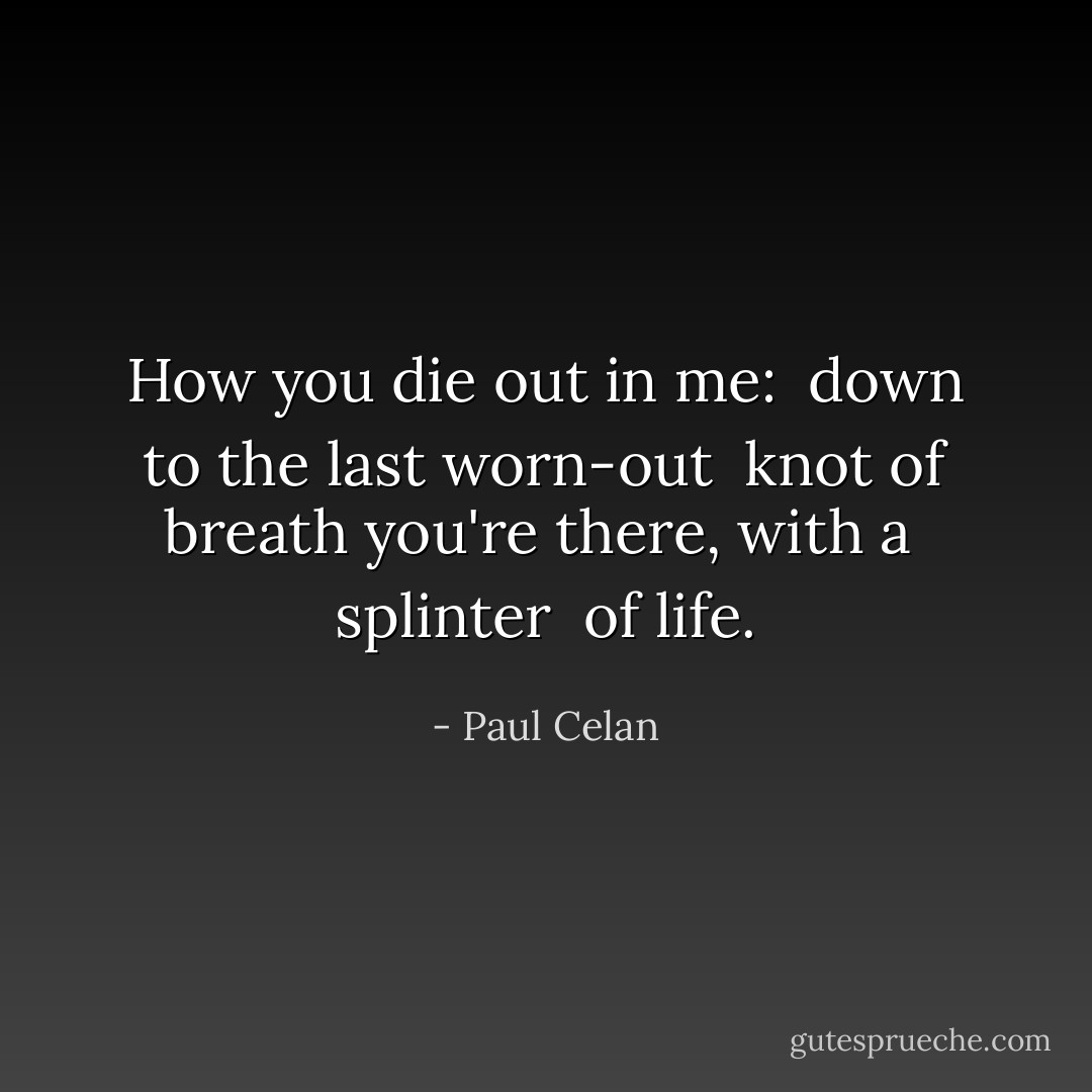 How you die out in me:<br /><br />down to the last<br />worn-out <br />knot of breath<br />you're there, with a <br />splinter <br />of life. - Paul Celan
