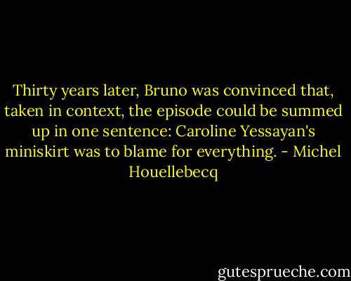 Thirty years later, Bruno was convinced that, taken in context, the episode could be summed up in one sentence: Caroline Yessayan's miniskirt was to blame for everything. - Michel Houellebecq