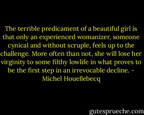 The terrible predicament of a beautiful girl is that only an experienced womanizer, someone cynical and without scruple, feels up to the challenge. More often than not, she will lose her virginity to some filthy lowlife in what proves to be the first step in an irrevocable decline. - Michel Houellebecq