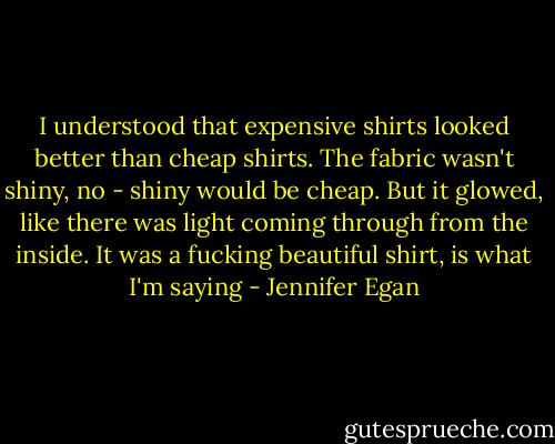 I understood that expensive shirts looked better than cheap shirts. The fabric wasn't shiny, no - shiny would be cheap. But it glowed, like there was light coming through from the inside. It was a fucking beautiful shirt, is what I'm saying - Jennifer Egan