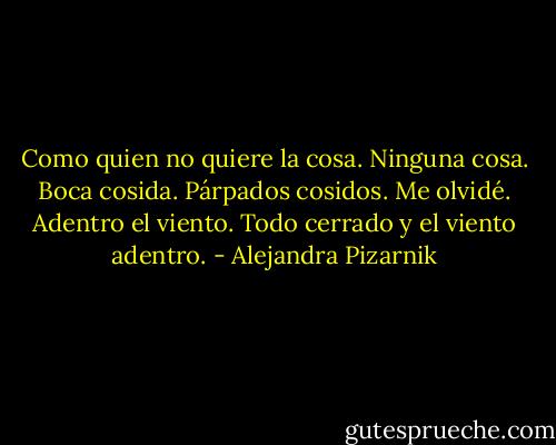 Como quien no quiere la cosa. Ninguna cosa. Boca cosida. Párpados cosidos. Me olvidé. Adentro el viento. Todo cerrado y el viento adentro. - Alejandra Pizarnik