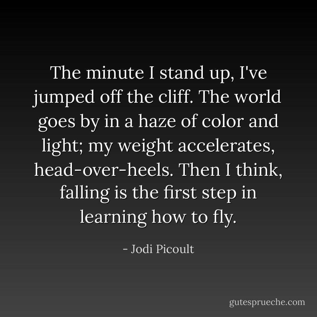 The minute I stand up, I've jumped off the cliff. The world goes by in a haze of color and light; my weight accelerates, head-over-heels. Then I think, falling is the first step in learning how to fly. - Jodi Picoult