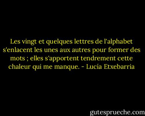 Les vingt et quelques lettres de l'alphabet s'enlacent les unes aux autres pour former des mots ; elles s'apportent tendrement cette chaleur qui me manque. - Lucía Etxebarria