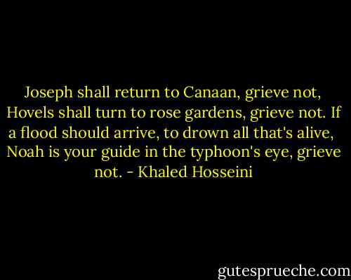 Joseph shall return to Canaan, grieve not,<br />Hovels shall turn to rose gardens, grieve not.<br />If a flood should arrive, to drown all that's alive, <br />Noah is your guide in the typhoon's eye, grieve not. - Khaled Hosseini