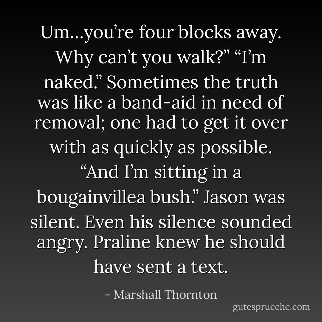Um…you’re four blocks away. Why can’t you walk?”<br />“I’m naked.” Sometimes the truth was like a band-aid in need<br />of removal; one had to get it over with as quickly as possible.<br />“And I’m sitting in a bougainvillea bush.”<br />Jason was silent. Even his silence sounded angry. Praline knew<br />he should have sent a text. - Marshall Thornton