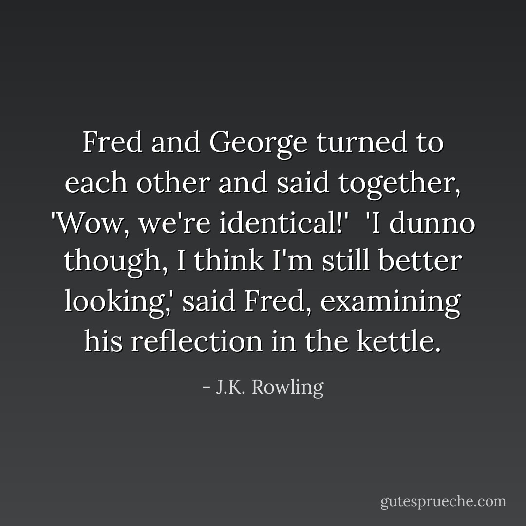 Fred and George turned to each other and said together, 'Wow, we're identical!'<br /><br />'I dunno though, I think I'm still better looking,' said Fred, examining his reflection in the kettle. - J.K. Rowling