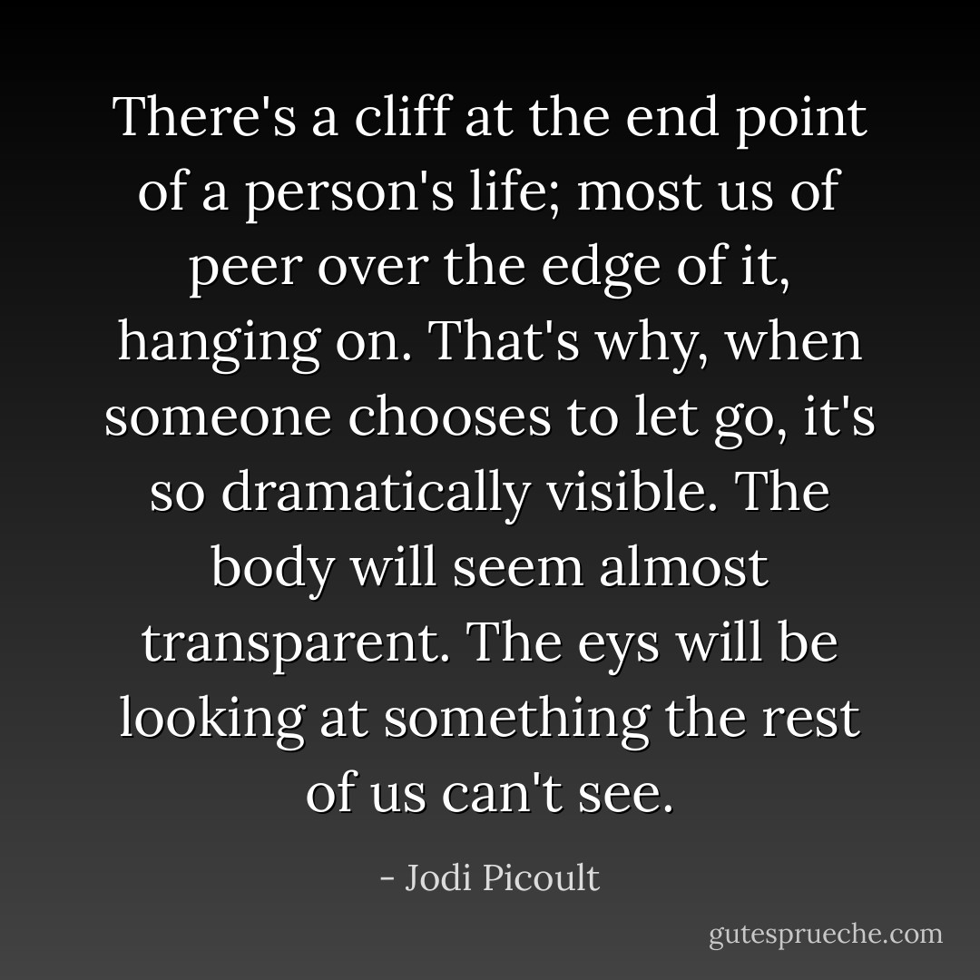There's a cliff at the end point of a person's life; most us of peer over the edge of it, hanging on. That's why, when someone chooses to let go, it's so dramatically visible. The body will seem almost transparent. The eys will be looking at something the rest of us can't see. - Jodi Picoult