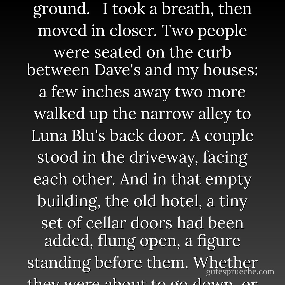 I bent down over my neighborhood, taking in the people there. At first, they'd just seemed arranged the same way they were everywhere else: in random formations, some in groups, some alone. Then, though, I saw the single figure at the back of my house, walking away from the back door. And another person, a girl, running through the side yard, where the hedge would have been, while someone else, with a badge and flashlight followed. There were three people under the basketball goal, one lying prone on the ground.<br /><br /> I took a breath, then moved in closer. Two people were seated on the curb between Dave's and my houses: a few inches away two more walked up the narrow alley to Luna Blu's back door. A couple stood in the driveway, facing each other. And in that empty building, the old hotel, a tiny set of cellar doors had been added, flung open, a figure standing before them. Whether they were about to go down, or just coming up, was unclear, and the cellar itself was a dark square. But I knew what was down below.<br /><br /> He'd put me everywhere. Every single place I'd been, with him or without, from the first time we'd met to the last conversation. It was all there, laid out as carefully, as real as the buildings and streets around it. I swallowed, hard, then reached forward, touching the girl running through the hedge. Not Liz Sweet. Not anyone, at that moment, not yet. But on her way to someone. To me. - Sarah Dessen