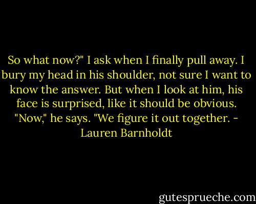 So what now?" I ask when I finally pull away. I bury my head in his shoulder, not sure I want to know the answer.<br />But when I look at him, his face is surprised, like it should be obvious. "Now," he says. "We figure it out together. - Lauren Barnholdt