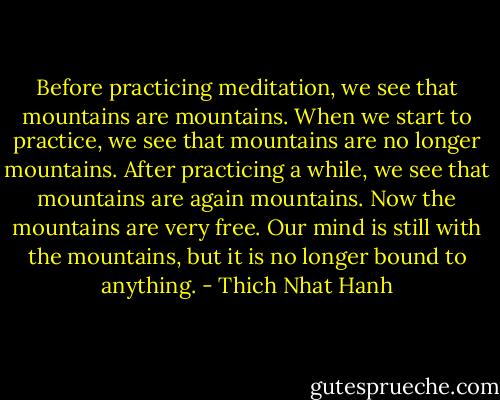 Before practicing meditation, we see that mountains are mountains.<br />When we start to practice, we see that mountains are no longer mountains.<br />After practicing a while, we see that mountains are again mountains.<br />Now the mountains are very free. Our mind is still with the mountains,<br />but it is no longer bound to anything. - Thich Nhat Hanh
