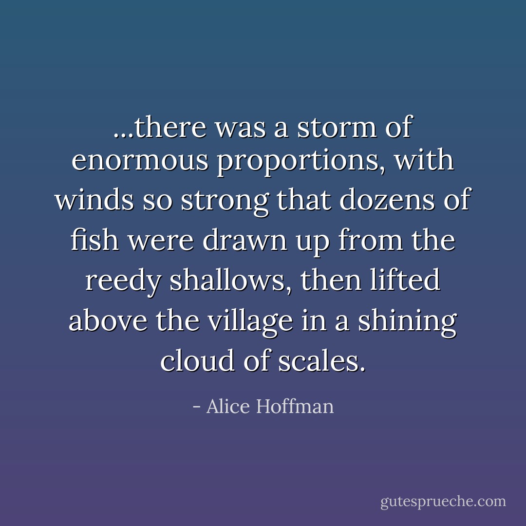 ...there was a storm of enormous proportions, with winds so strong that dozens of fish were drawn up from the reedy shallows, then lifted above the village in a shining cloud of scales. - Alice Hoffman