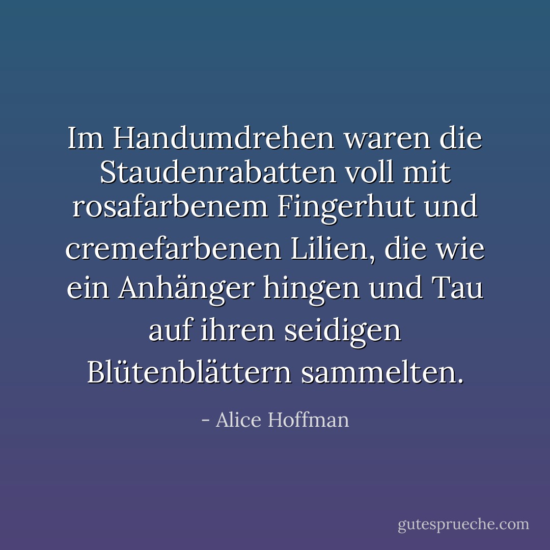 Im Handumdrehen waren die Staudenrabatten voll mit rosafarbenem Fingerhut und cremefarbenen Lilien, die wie ein Anhänger hingen und Tau auf ihren seidigen Blütenblättern sammelten. - Alice Hoffman<