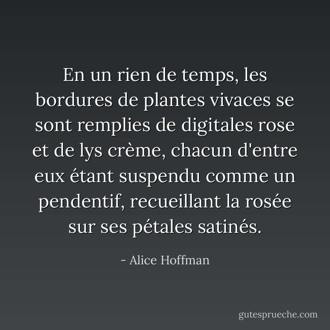 En un rien de temps, les bordures de plantes vivaces se sont remplies de digitales rose et de lys crème, chacun d'entre eux étant suspendu comme un pendentif, recueillant la rosée sur ses pétales satinés. - Alice Hoffman