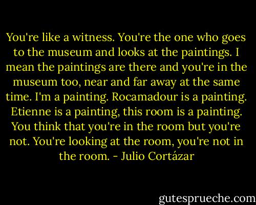You're like a witness. You're the one who goes to the museum and looks at the paintings. I mean the paintings are there and you're in the museum too, near and far away at the same time. I'm a painting. Rocamadour is a painting. Etienne is a painting, this room is a painting. You think that you're in the room but you're not. You're looking at the room, you're not in the room. - Julio Cortázar