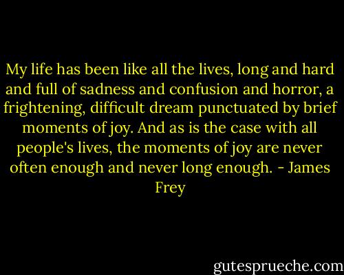 My life has been like all the lives, long and hard and full of sadness and confusion and horror, a frightening, difficult dream punctuated by brief moments of joy. And as is the case with all people's lives, the moments of joy are never often enough and never long enough. - James Frey