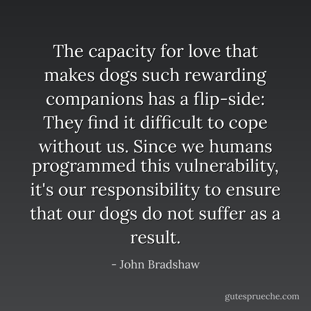 The capacity for love that makes dogs such rewarding companions has a flip-side: They find it difficult to cope without us. Since we humans programmed this vulnerability, it's our responsibility to ensure that our dogs do not suffer as a result. - John Bradshaw