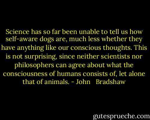 Science has so far been unable to tell us how self-aware dogs are, much less whether they have anything like our conscious thoughts. This is not surprising, since neither scientists nor philosophers can agree about what the consciousness of humans consists of, let alone that of animals. - John   Bradshaw