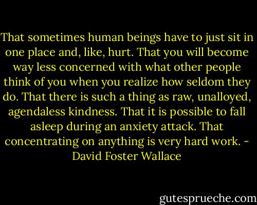 That sometimes human beings have to just sit in one place and, like, hurt. That you will become way less concerned with what other people think of you when you realize how seldom they do. That there is such a thing as raw, unalloyed, agendaless kindness. That it is possible to fall asleep during an anxiety attack. That concentrating on anything is very hard work. - David Foster Wallace