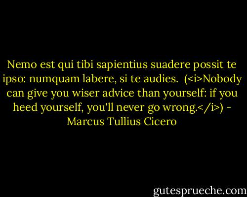 Nemo est qui tibi sapientius suadere possit te ipso: numquam labere, si te audies.<br /><br />(<i>Nobody can give you wiser advice than yourself: if you heed yourself, you'll never go wrong.</i>) - Marcus Tullius Cicero