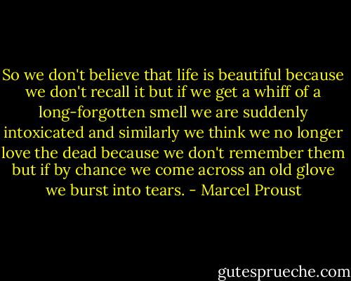 So we don't believe that life is beautiful because we don't recall it but if we get a whiff of a long-forgotten smell we are suddenly intoxicated and similarly we think we no longer love the dead because we don't remember them but if by chance we come across an old glove we burst into tears. - Marcel Proust