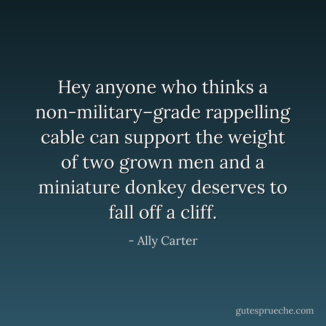 Hey anyone who thinks a non-military–grade rappelling cable can support the weight of two grown men and a miniature donkey deserves to fall off a cliff. - Ally Carter