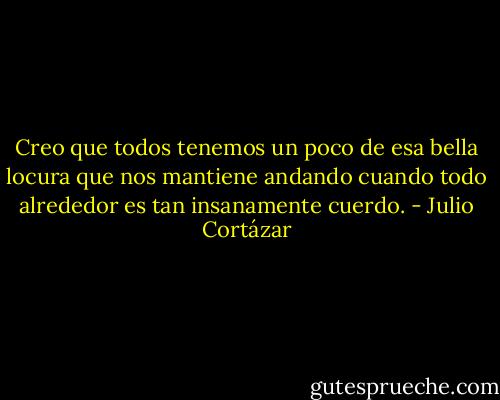 Creo que todos tenemos un poco de esa bella locura que nos mantiene andando cuando todo alrededor es tan insanamente cuerdo. - Julio Cortázar