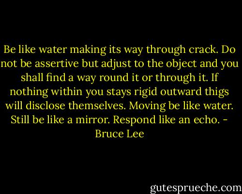 Be like water making its way through crack.<br />Do not be assertive but adjust to the object and you shall find a way round it or through it.<br />If nothing within you stays rigid outward thigs will disclose themselves.<br />Moving be like water.<br />Still be like a mirror.<br />Respond like an echo. - Bruce Lee