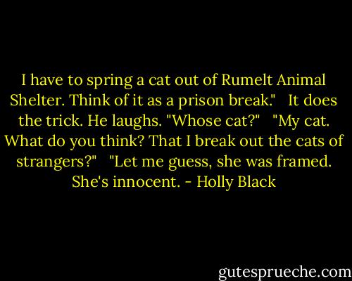 I have to spring a cat out of Rumelt Animal Shelter. Think of it as a prison break."<br /><br /> It does the trick. He laughs. "Whose cat?"<br /><br /> "My cat. What do you think? That I break out the cats of strangers?"<br /><br /> "Let me guess, she was framed. She's innocent. - Holly Black