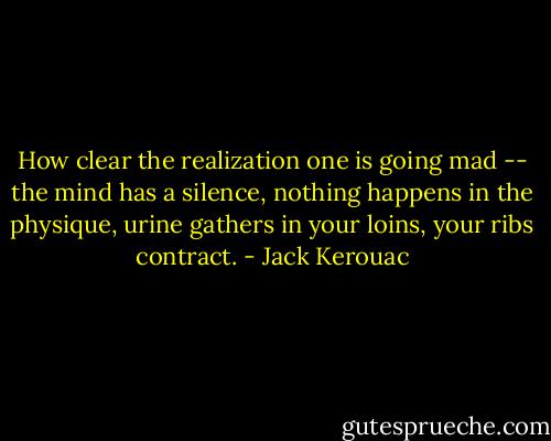 How clear the realization one is going mad -- the mind has a silence, nothing happens in the physique, urine gathers in your loins, your ribs contract. - Jack Kerouac