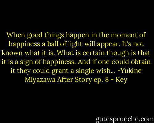 When good things happen in the moment of happiness a ball of light will appear. It's not known what it is. What is certain though is that it is a sign of happiness. And if one could obtain﻿ it they could grant a single wish... -Yukine Miyazawa After Story ep. 8 - Key