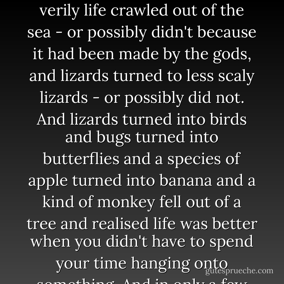 Vimes died. The sun dropped out of the sky, giant lizards took over the world, and the stars exploded and went out and all hope vanished and gurgled into the sinktrap of oblivion. And gas filled the firmament and combusted and behold! There was a new heaven - or possibly not. And Disc and Io and and possibly verily life crawled out of the sea - or possibly didn't because it had been made by the gods, and lizards turned to less scaly lizards - or possibly did not. And lizards turned into birds and bugs turned into butterflies and a species of apple turned into banana and a kind of monkey fell out of a tree and realised life was better when you didn't have to spend your time hanging onto something. And in only a few billion years evolved trousers and ornamental stripey hats. Lastly the game of Crocket. And there, magically reincarnated, was Vimes, a little dizzy, standing on the village green looking into the smiling countenance of an enthusiast. - Terry Pratchett