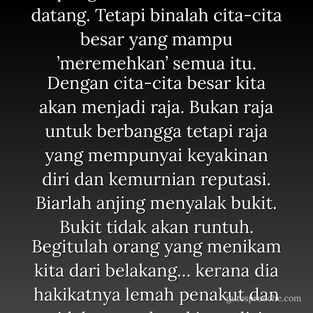 Jangan trauma dengan pengkhianatan masa silam. Jangan bimbang dengan pengkhinatan masa akan datang. Tetapi binalah cita-cita besar yang mampu ’meremehkan’ semua itu. Dengan cita-cita besar kita akan menjadi raja. Bukan raja untuk berbangga tetapi raja yang mempunyai keyakinan diri dan kemurnian reputasi. Biarlah anjing menyalak bukit. Bukit tidak akan runtuh. Begitulah orang yang menikam kita dari belakang… kerana dia hakikatnya lemah penakut dan tidak punya keyakinan diri untuk bertarung secara berdepan - Pahrol Mohamad Juoi